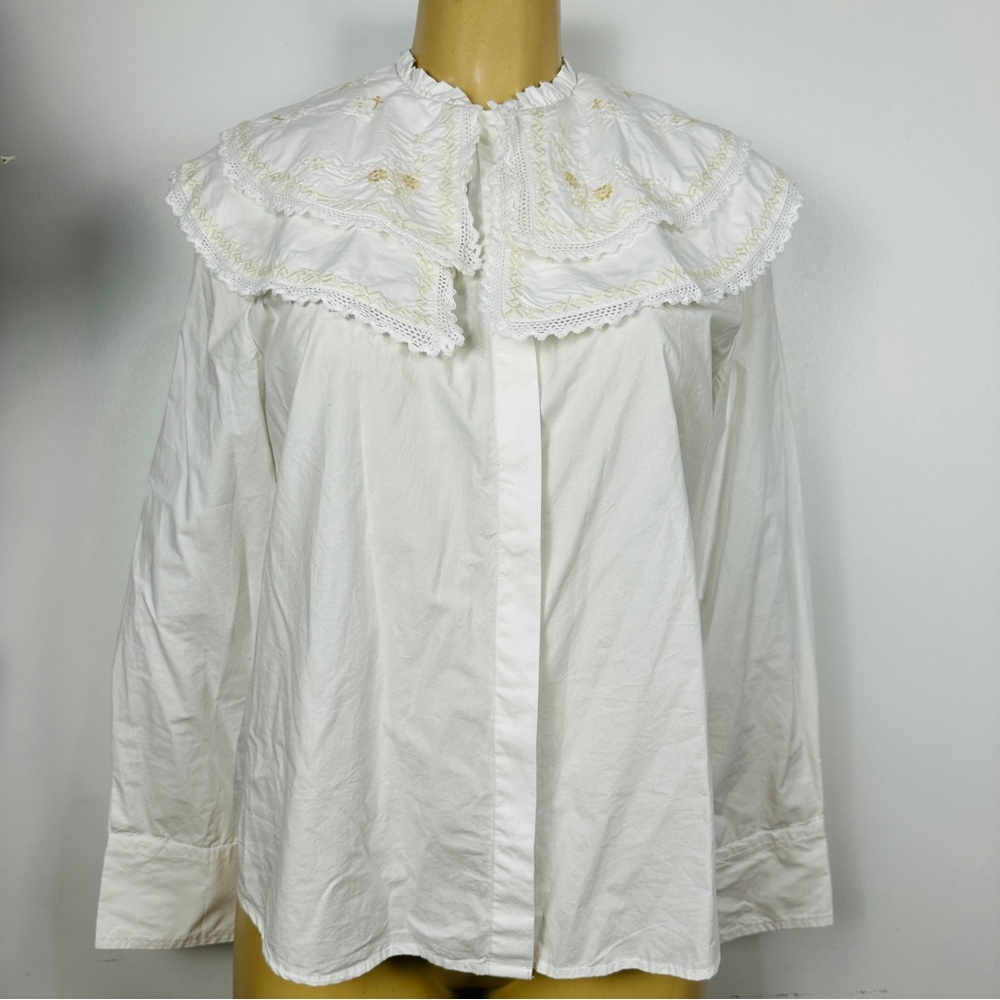 Zara Embroidered Peter Pan Collar Shirt Sz M White Top Blouse Cotton